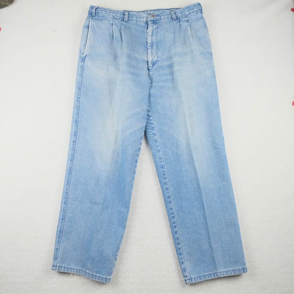 Vintage Blue Jeans Womens 38 Wide Leg Pleated Medium Wash Heavyweight Denim 80s